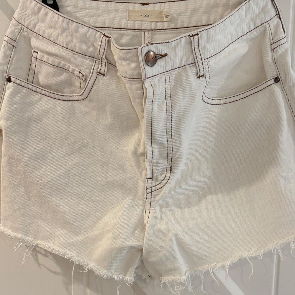 High-Rise White Denim Jean Shorts with Frayed Hem